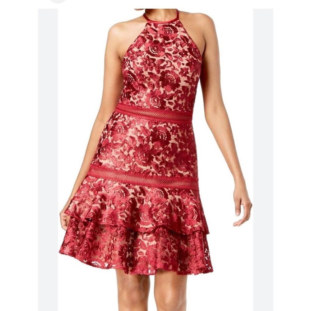 Xscape Lace Overlay Halter Dress Size 8 Red Floral Ruffle Tier Prom HOCO Formal